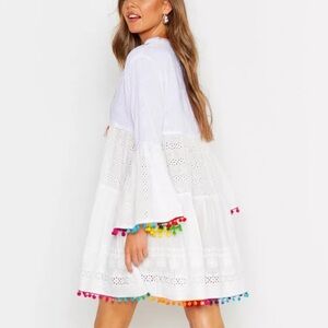 FLAW Boohoo Pom Pom Trim Eyelet Embroidery Boho White Prairie Dress 12